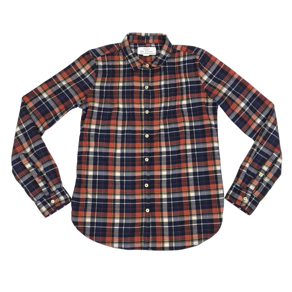Trovata Birds of Paradise Plaid Flannel Long Sleeve Size Small Pleated Chest